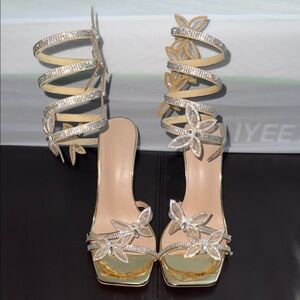 Gold Rhinestone Butterfly Spiral Strap High Heel Sandal